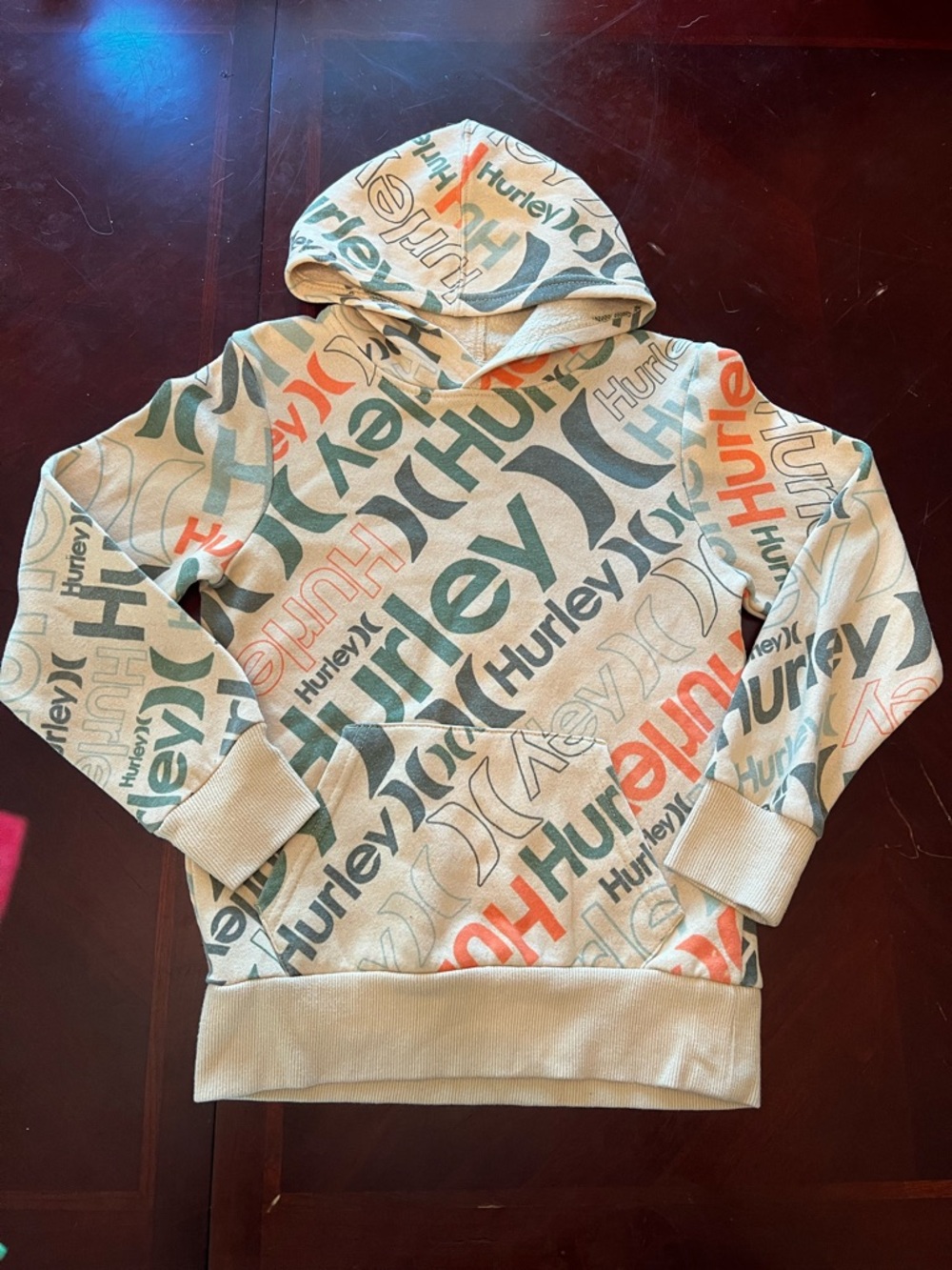Hurley Allover Logo Hoodie in Cream, Teal & Orange